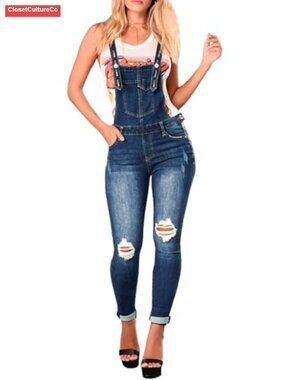 Skinny Ripped Denim Overalls High Waist Adjustable Straps